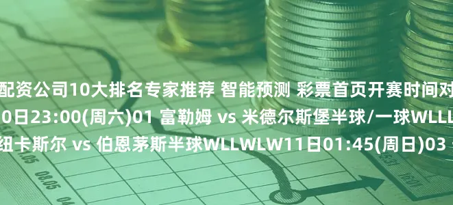 配资公司10大排名　　专家推荐　 智能预测　 彩票首页开赛时间对阵初盘主队盘路客队盘路10日23:00(周六)01 富勒姆 vs 米德尔斯堡半球/一球WLLLW10日23:00(周六)02 纽卡斯尔 vs 伯恩茅斯半球WLLWLW11日01:45(周日)03 热刺 vs 阿斯顿维拉平手/半球WLLWWW10日22:30(周六)04 弗赖堡 vs 汉堡半球/一球WLLLWL10日22:30(周六)0